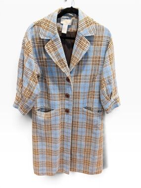 Vintage Spiegel Blue Plaid Wool Blend Long Coat Size 10